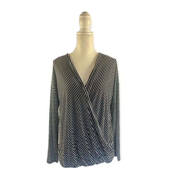 TAHARI LONG SLEEVE SURPLICE STRIPED JERSEY WRAP TOP BLACK WHITE LARGE - Picture 3 of 9
